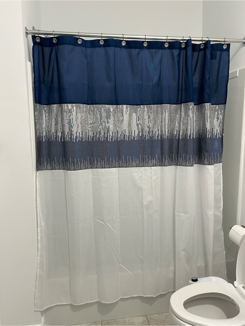 Navy, Silver and White Shower Curtain with Metallic Stripe